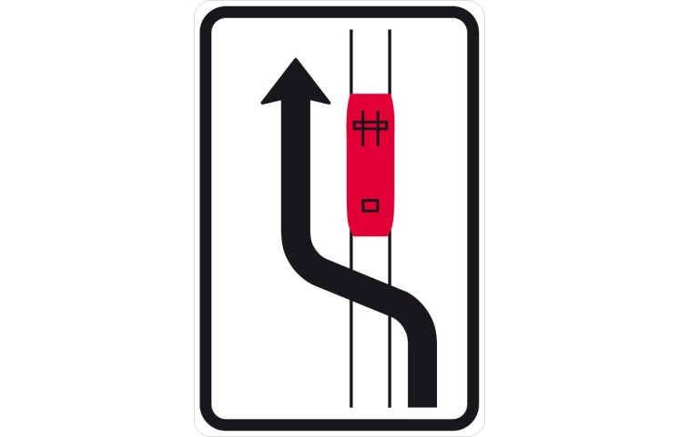 Dopravní značka IP23b - Objíždění tramvaje (jízda podél tramvaje vlevo)